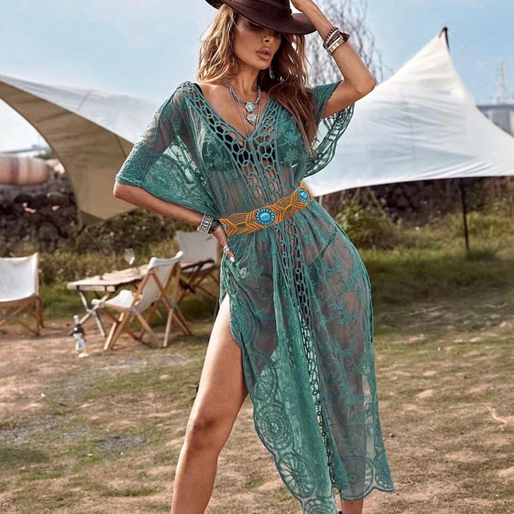 6663 Boho Turquoise Belt For Women 2" Western Wax Rope Beaded Braided Waist - Picture 6 of 7